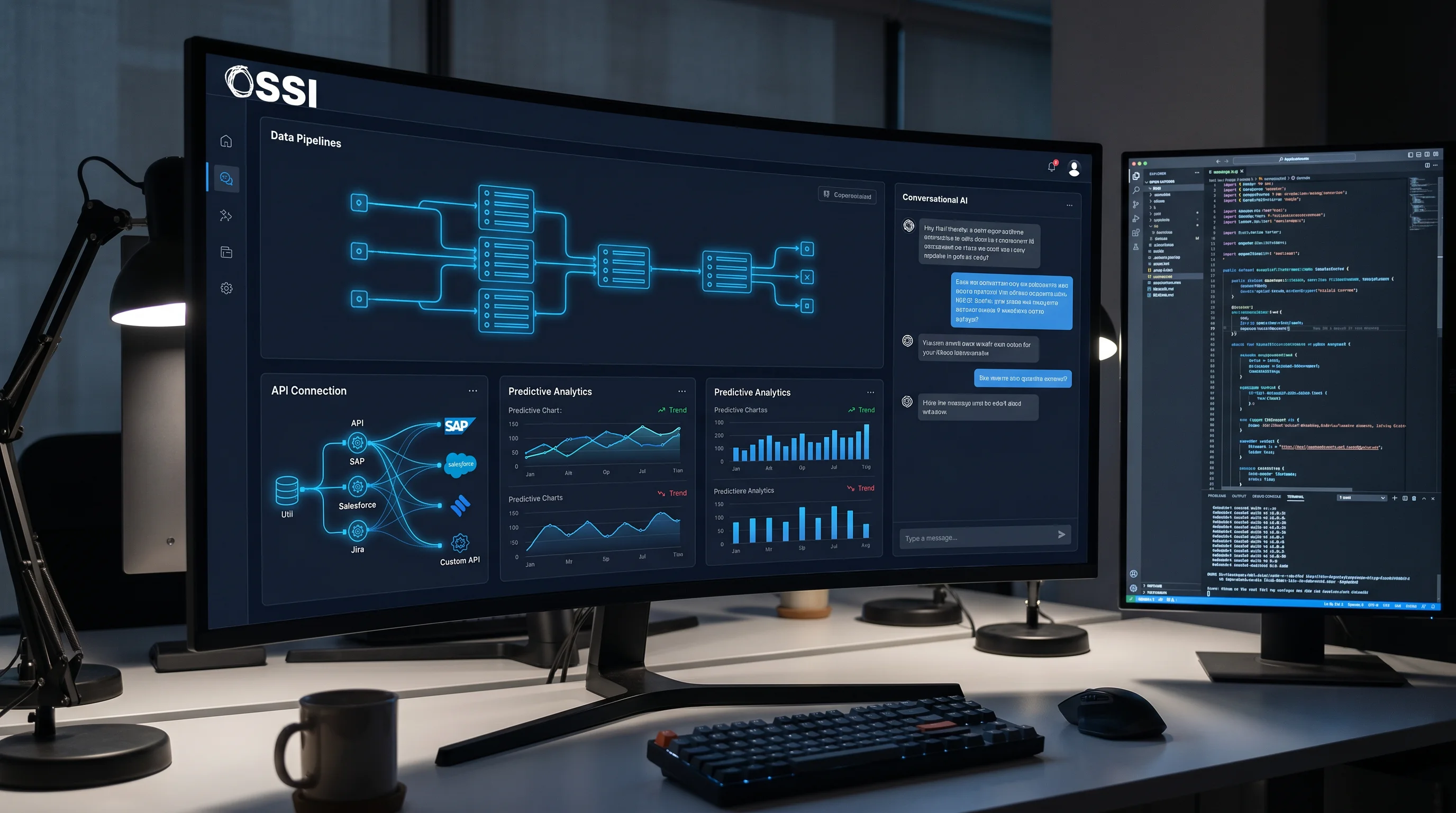 OSSI AI Integrations platform dashboard with data pipelines and conversational AI