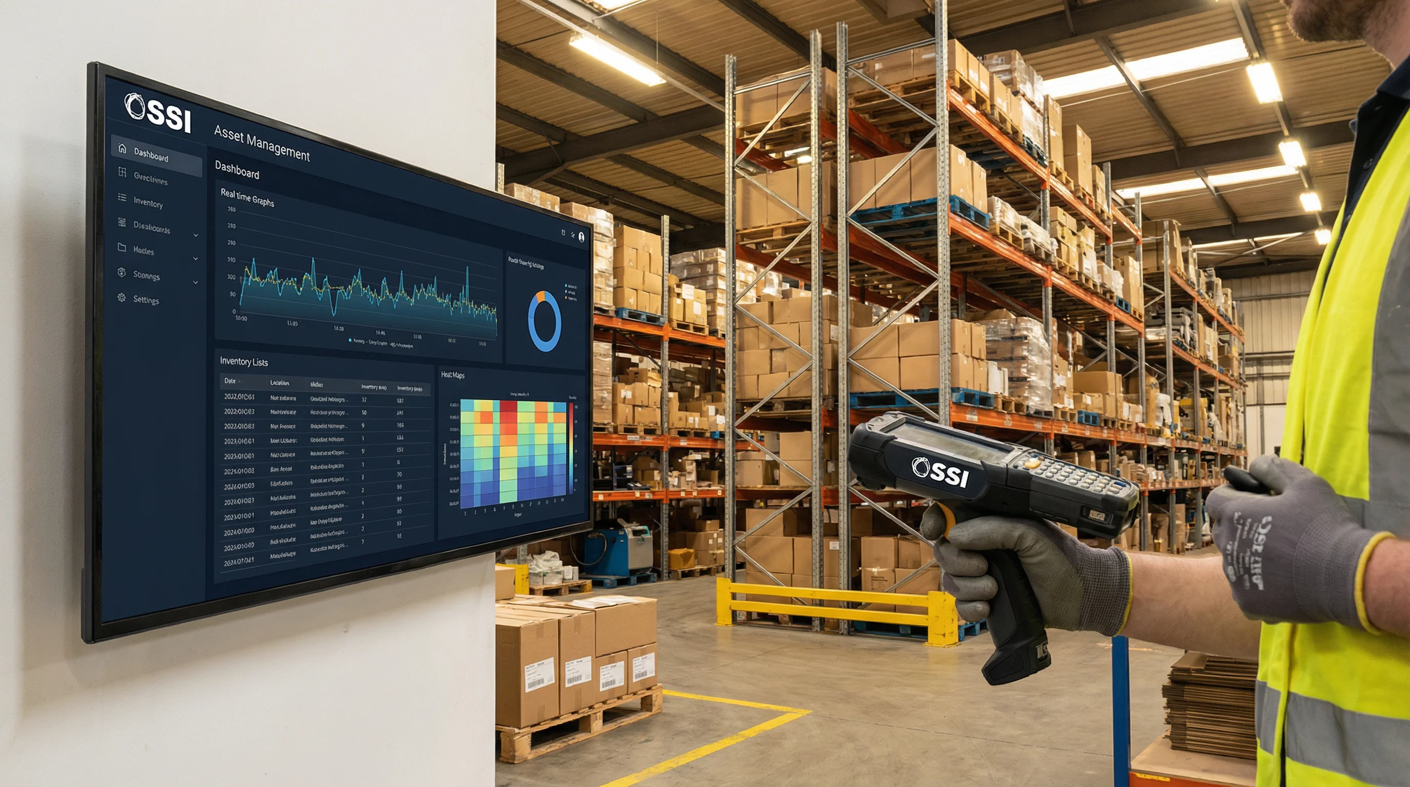 Enterprise asset management warehouse with scanner and dashboard