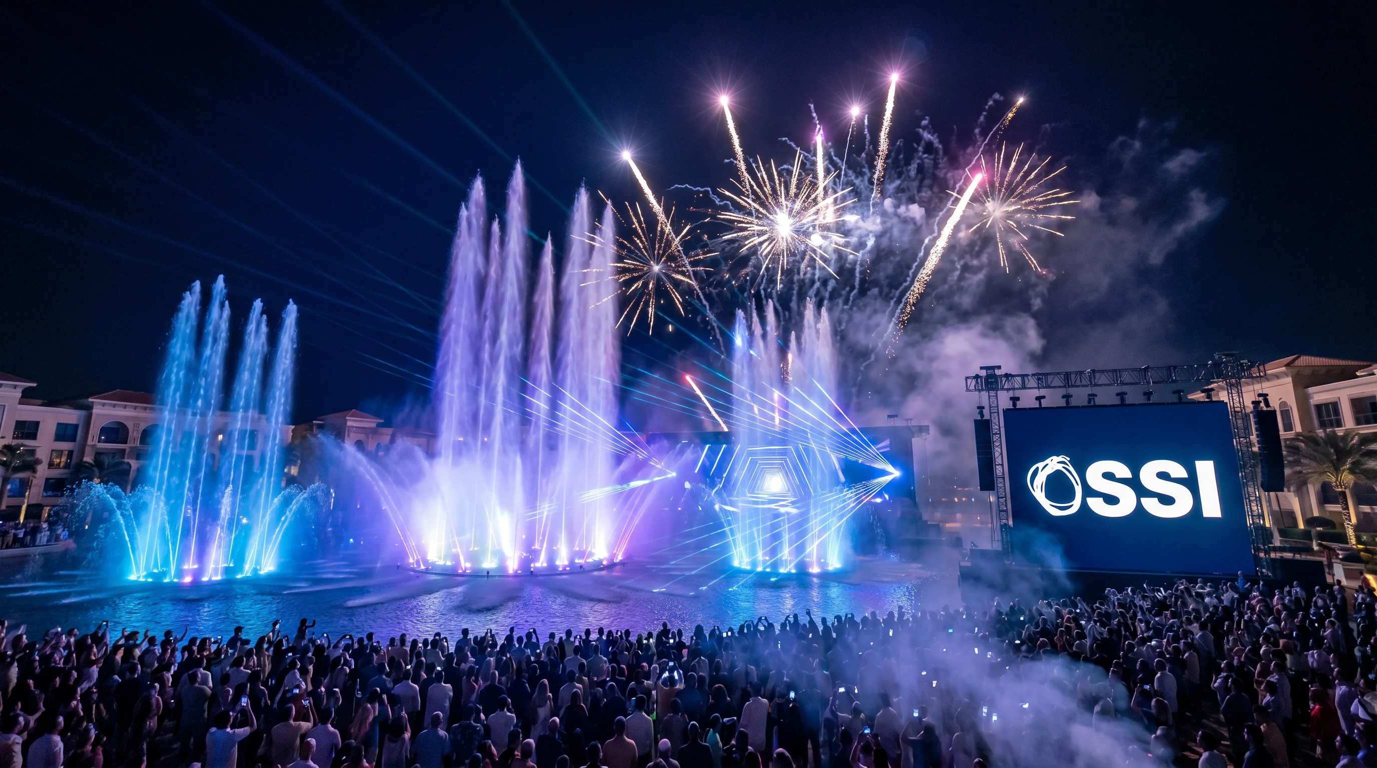 Spectacular fountain, laser, and fireworks show controlled by OSSI show automation system