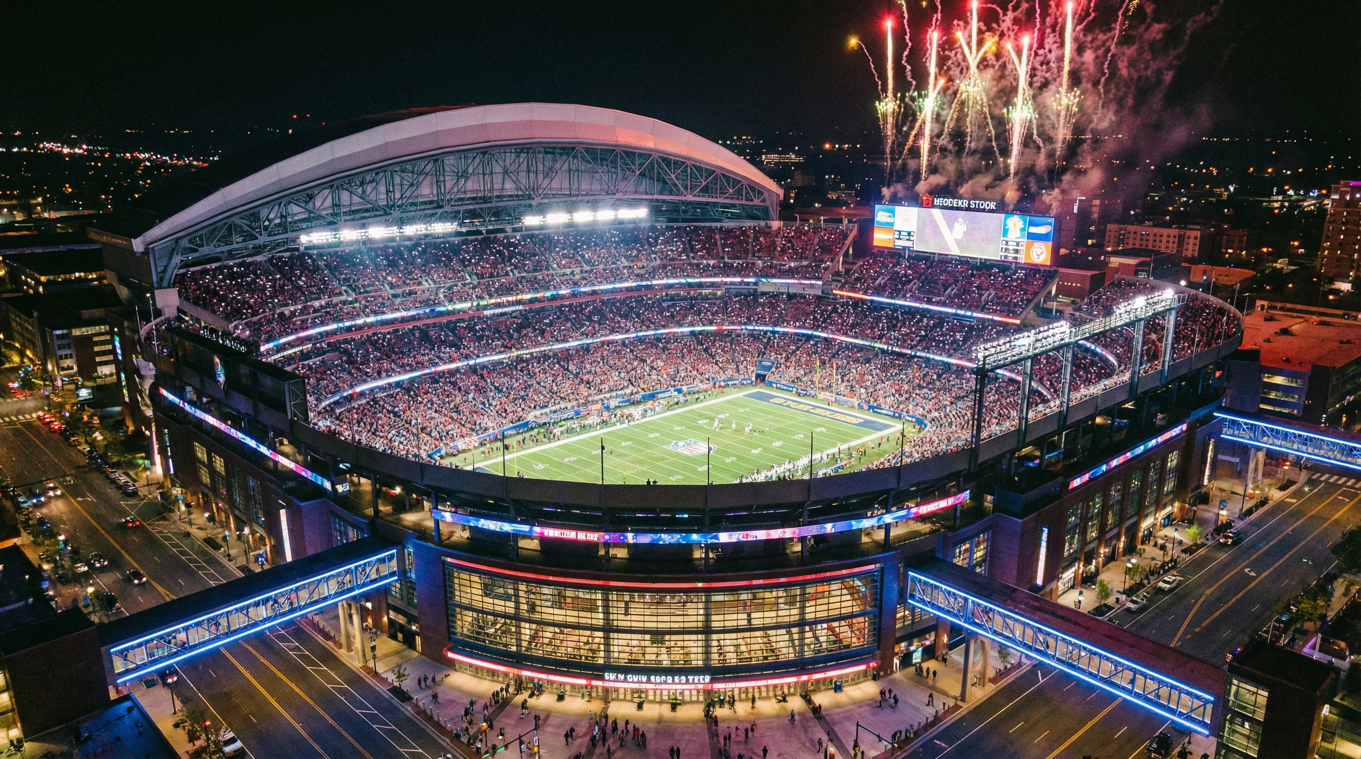 Packed sports stadium at night