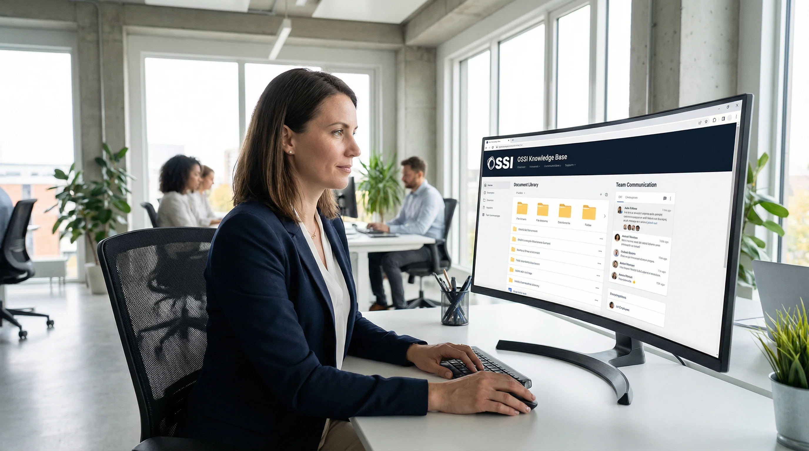 Employee viewing corporate knowledge base intranet portal on large monitor