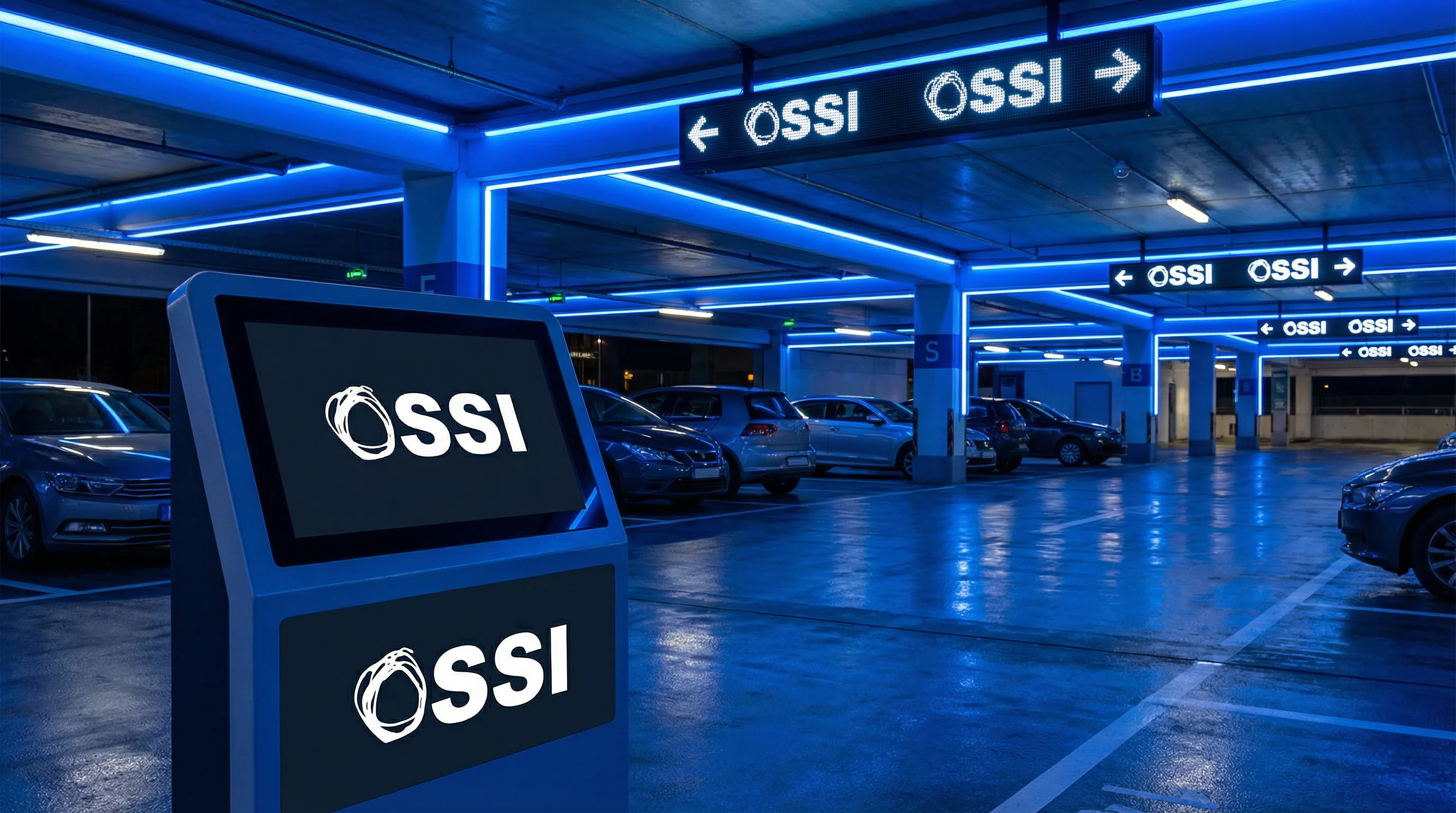 Smart parking structure with OSSI digital signage and pay stations