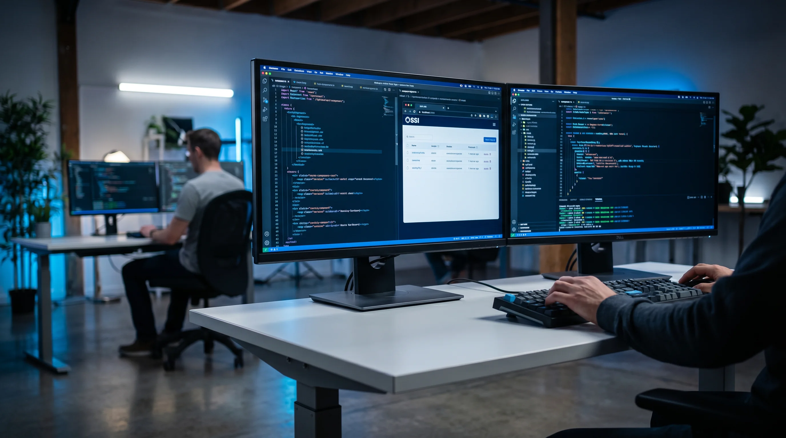 OSSI software development studio with full-stack code on dual monitors