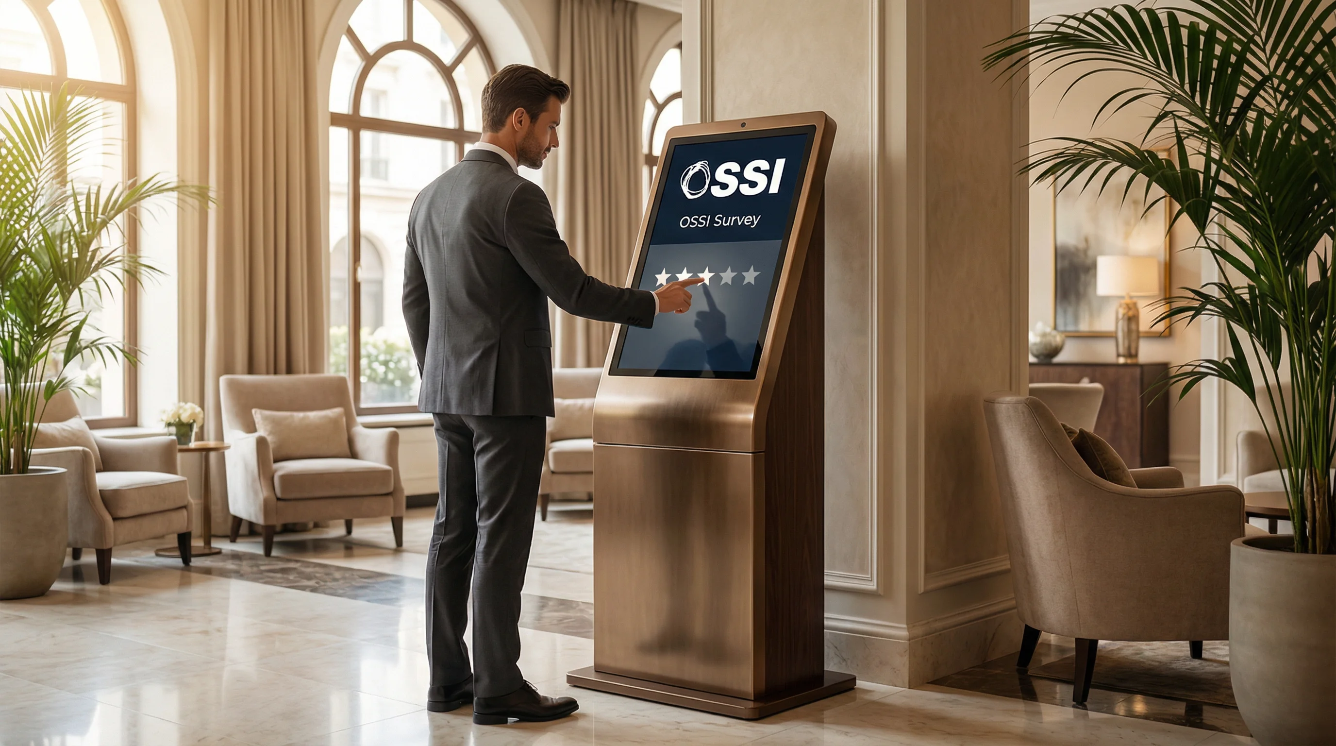 Customer satisfaction survey kiosk in a hotel lobby